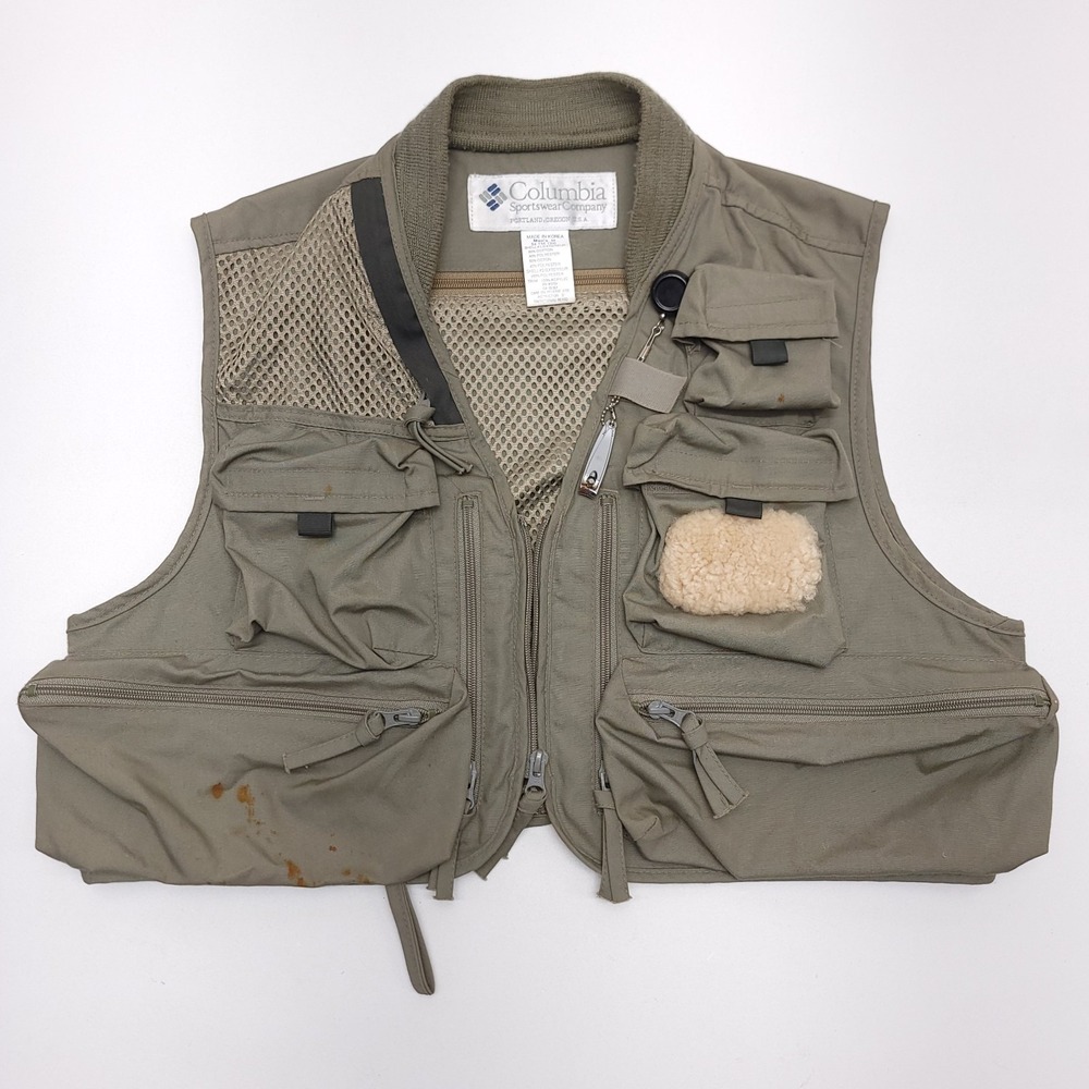 Columbia Vintage Fishing Vest Mens Medium Olive Green YKK Zipper Fly Fisherman